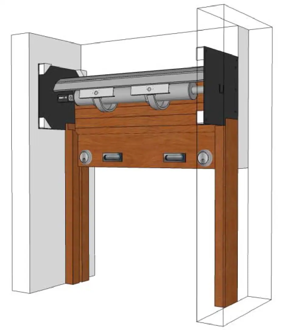 Garage door opener with wooden frame and motorized mechanism.