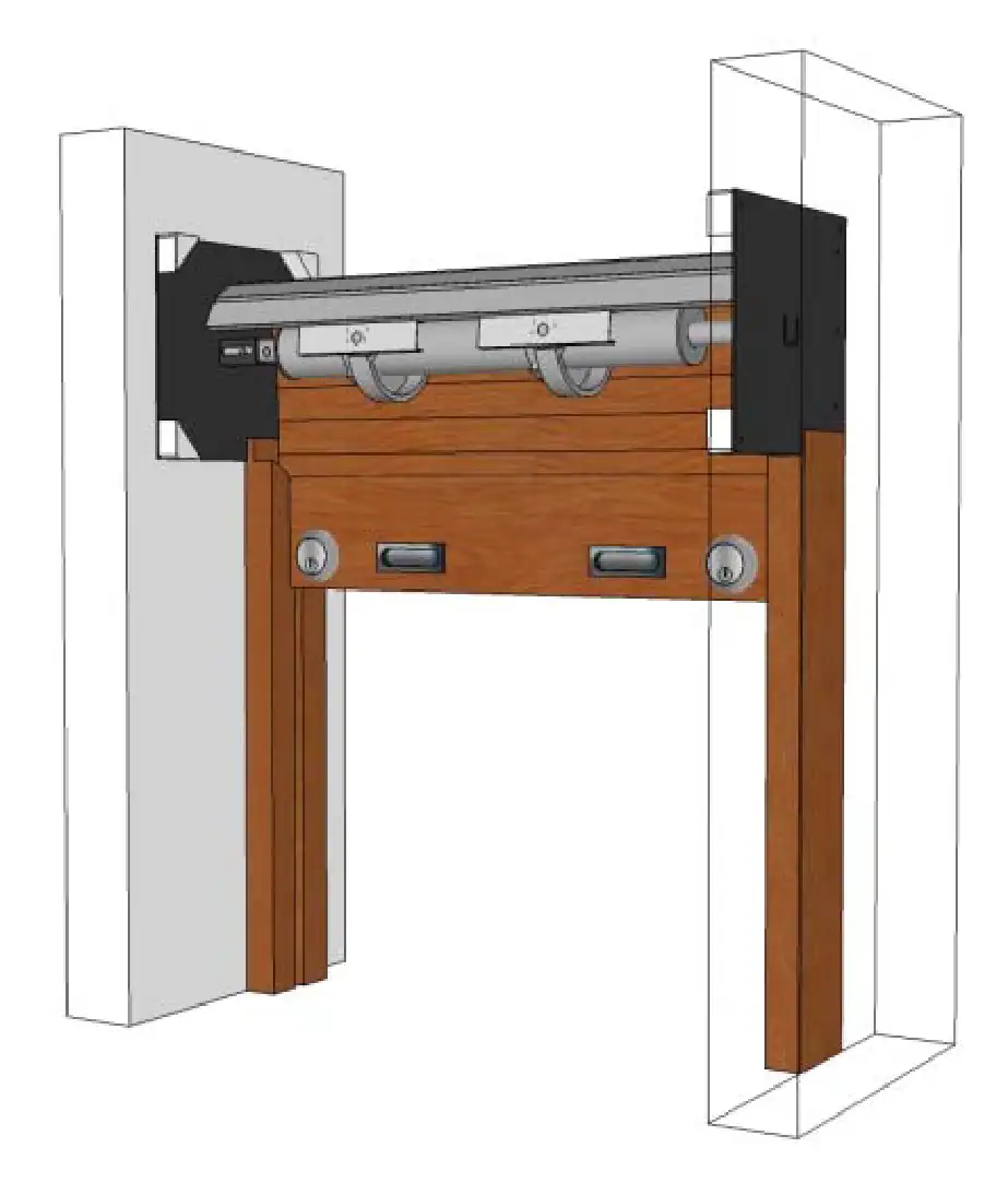 Garage door opener mechanism with wooden and metal components.